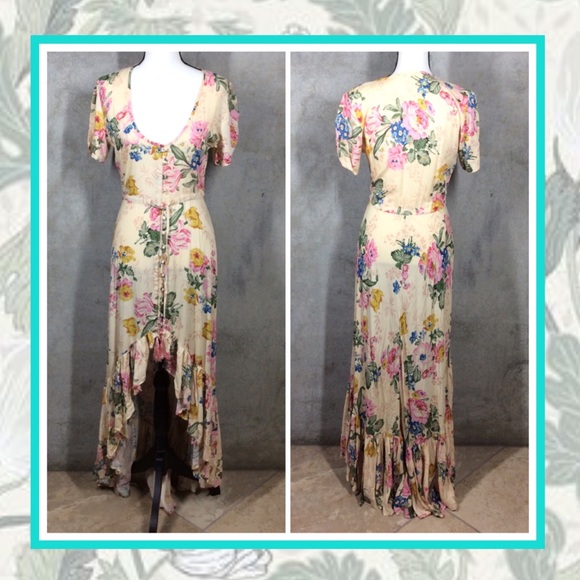 πΈ BOHEMIAN DRESS FLORAL MAXI HILO SWALLOWTAIL BOHO CHIC RUFFLE LONG BUTTON DOWN - Picture 12 of 16